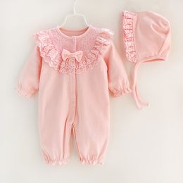 Lente pasgeboren baby baby meisje romper kant bloemen peuter rompertjes kostuums jumpsuit lange Hansop babykleertjes met capuchon baby rompertjes