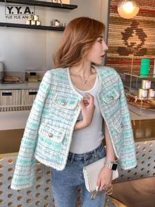 Spring Office Dames Elegant Lattice Tweed Veste O-Neck Long Manchet Slim Fit Fashion Short Coat Designer Femmes Extérieur 240401