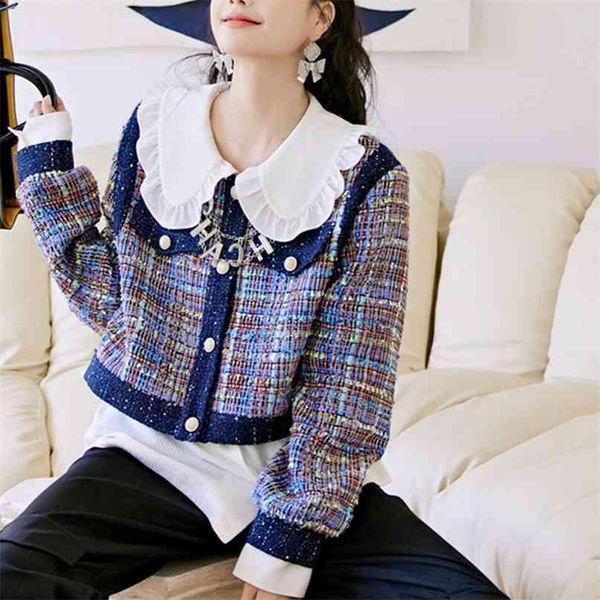 Primavera Oficina Señora Moda Falso Dos piezas Mujer Chaqueta Dulce Peter Pan Collar Mujer Abrigo Chic Hit Color Plaid Patchwork 210519