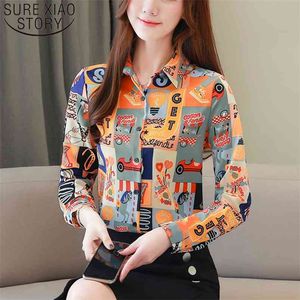 Spring Office Lady Style Lange Mouw Cartoon Vrouwen Blouse Mode Vintage Kleding Losse Gedrukt Shirt Cardigan 8116 50 210508