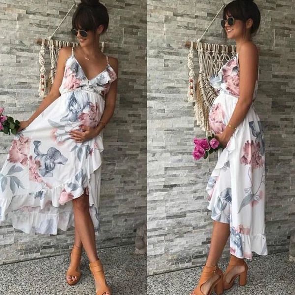 Vestidos largos de maternidad de cuello redondo de primavera para mujeres embarazadas, ropa con estampado de flores, vestido de embarazo, ropa de Gravidas 240326