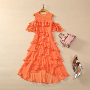 Veer oranje vaste kleur ruches chiffon jurk uit schouder ronde nek paneelpaneel kanten midi casual jurken s3d121214