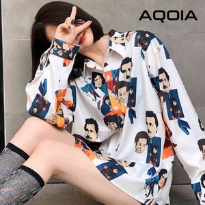 Lente Oversize Lange Mouw Vrouwen Witte Shirt Turn-Down Collar Button Up Dames Shirts Losse Spoof Print Vrouwelijke Kleding 210521