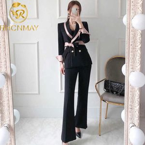 Printemps Pantalon Costume À Lacets Veste À Poitrine Et Pantalon Long D'affaires 2 Pièces Costume Coréen Mince Travail Porter Blazer Ensemble 210927