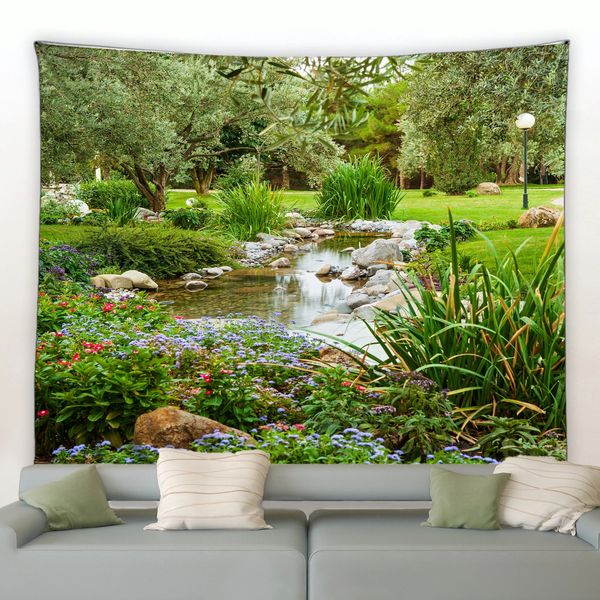 Spring Park Jardin Paysage Tapisserie Plantes Vertes Arbres Rouge Violet Fleurs Paysage Naturel Tapisseries Salon Tenture Murale 240106