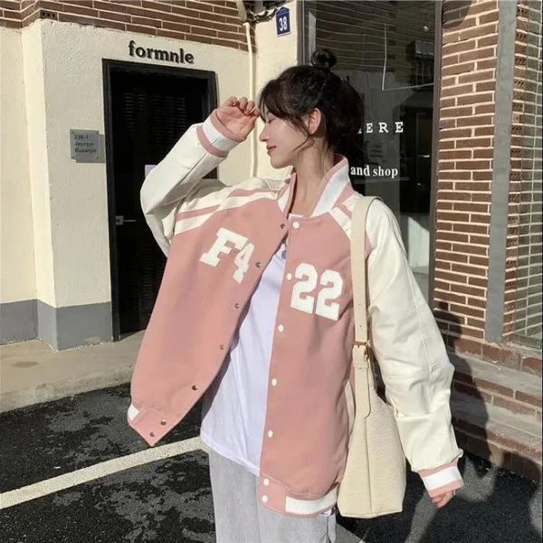 Printemps rose veste de Baseball femmes Y2k Harajuku décontracté imprimé coréen surdimensionné Bomber uniforme Streetwear manches longues haut 231220