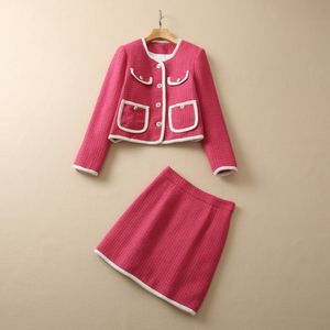 Printemps rose contraste couleur deux pièces robe ensembles à manches longues col rond Tweed simple boutonnage manteau lambrissé jupe courte costumes ensemble S2N03SK
