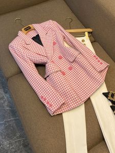 Blazer à panneaux pied-de-poule rose, manches longues, boutons à revers cranté, Double boutonnage, manteaux d'extérieur, O3O072097, printemps