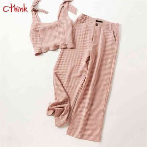 Lente roze plaid bijgesneden tops en brede been broek verkoop mode enkellange broek twee stukken sets voor vrouw 2 stuk set 210721