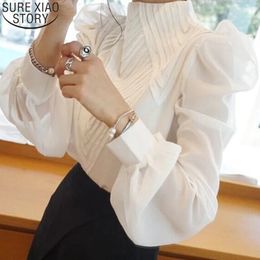 Lente Geplooide Stand Kraag Blouse Lantaarn Mouw Vrouwen Tops Koreaanse Blouses Kleding Zonnebrandcrème Shirts Mode Blusas 240202