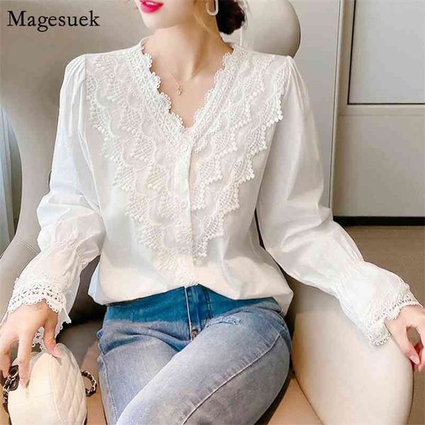 Primavera talla grande camisa blanca mujer botón de manga de soplo vintage blusa con cuello en v casual blusas de encaje sueltas tops blusa 11127 210512