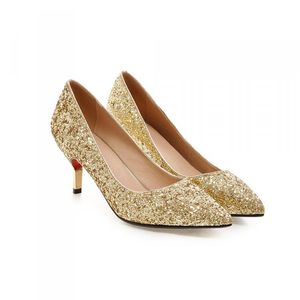 Lente puntige neus vrouwen schoenen comfortabele middelste hak goud glitter lovertjes doek bruiloft schoenen bruids pompen plus size