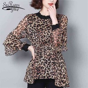 Printemps imprimé léopard femmes chemisiers en mousseline de soie chemises plus taille femme manches longues tops causal blusas 2211 50 210521