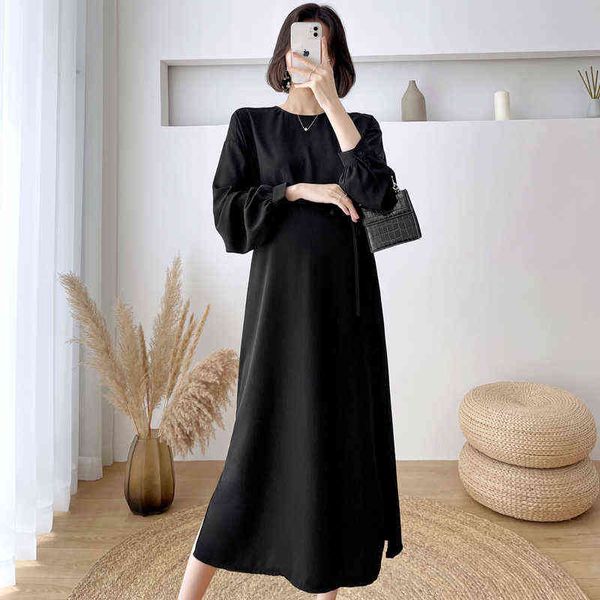 Las mujeres embarazadas de color puro de primavera se visten con mangas largas Oneck Side Split Maternidad Vestido recto Largo Suelto Office Lady Dress J220628