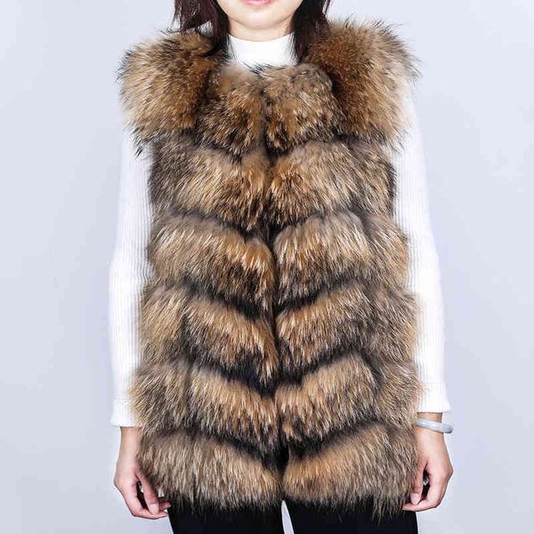 Spring Real Raccoon Fur Chaleco Mujeres sin mangas sin mangas de invierno Bodywarmer grueso calentamiento cálido J220719