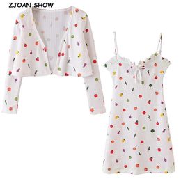 Printemps Rétro Blanc Coloré Fruit Imprimer Cardigan Corée À Manches Longues Pull Tricoté Oreilles En Bois Cravate Bow V Cou Mini Robe 1 Set 210429