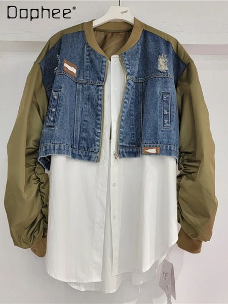 Spring Ripped Denim Baseball Uniforme Centing Shirt White Fake Twopieces Coats Street Style Veste Femmes 240423