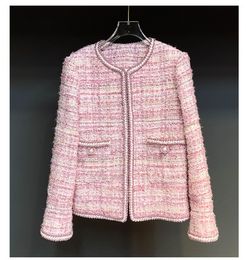 Spring ronde nek tweed paneel jas roze contrast kleur lange mouw klassieke contrast trim pockets wollen jassen jas kort uitklapen 22G186371