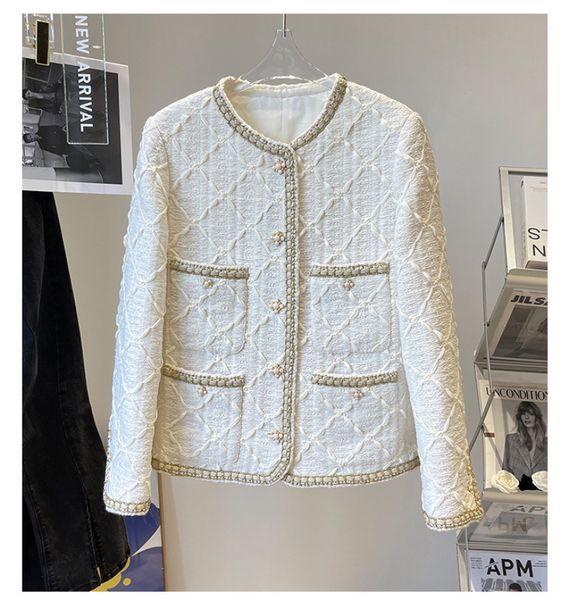 Printemps col rond Tweed veste à panneaux blanc couleur unie à manches longues simple boutonnage boutons vestes manteau court vêtements d'extérieur 22G186107
