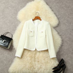 Spring ronde nek tweed vaste kleur panel jas ivoor wollen lange mouw knoppen klassieke outswear lagen l2o262150