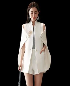 Spring Runway Designer Women Beaded Diamond Cape Blazer Sexy Black Wit Ruched Coats White Blazer Cape Office Wear9457690