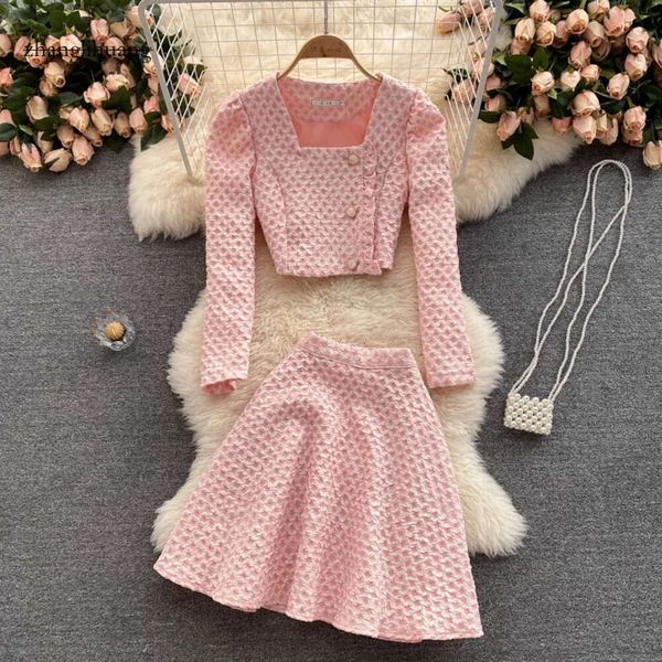 Spring Runway Fall Korean All Match Sweet Two Piece Robe Claid Coat pour femmes Top + taille haute les mini-jupes élégantes