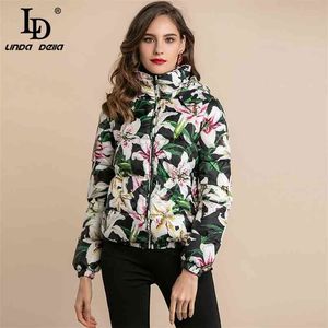 Lente Runway Vintage Warm Wit Duck Down Jacket Dame Elegante Floral Print Dames Jassen Hooded Overjas 210522