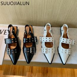 Sandalias de primavera marca Suojialun Fashion Buckle Ladies Casual Slip on Mules Pointed Toe Sandal Sandal Zapatos 2 EC44