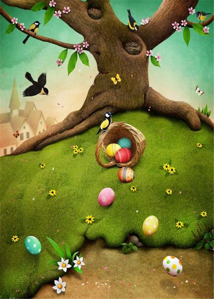 Fondo de fotografía escénica de primavera vinilo impreso tronco de árbol pájaros mariposa huevos de Pascua coloridos bebé niños fondo para sesión de fotos