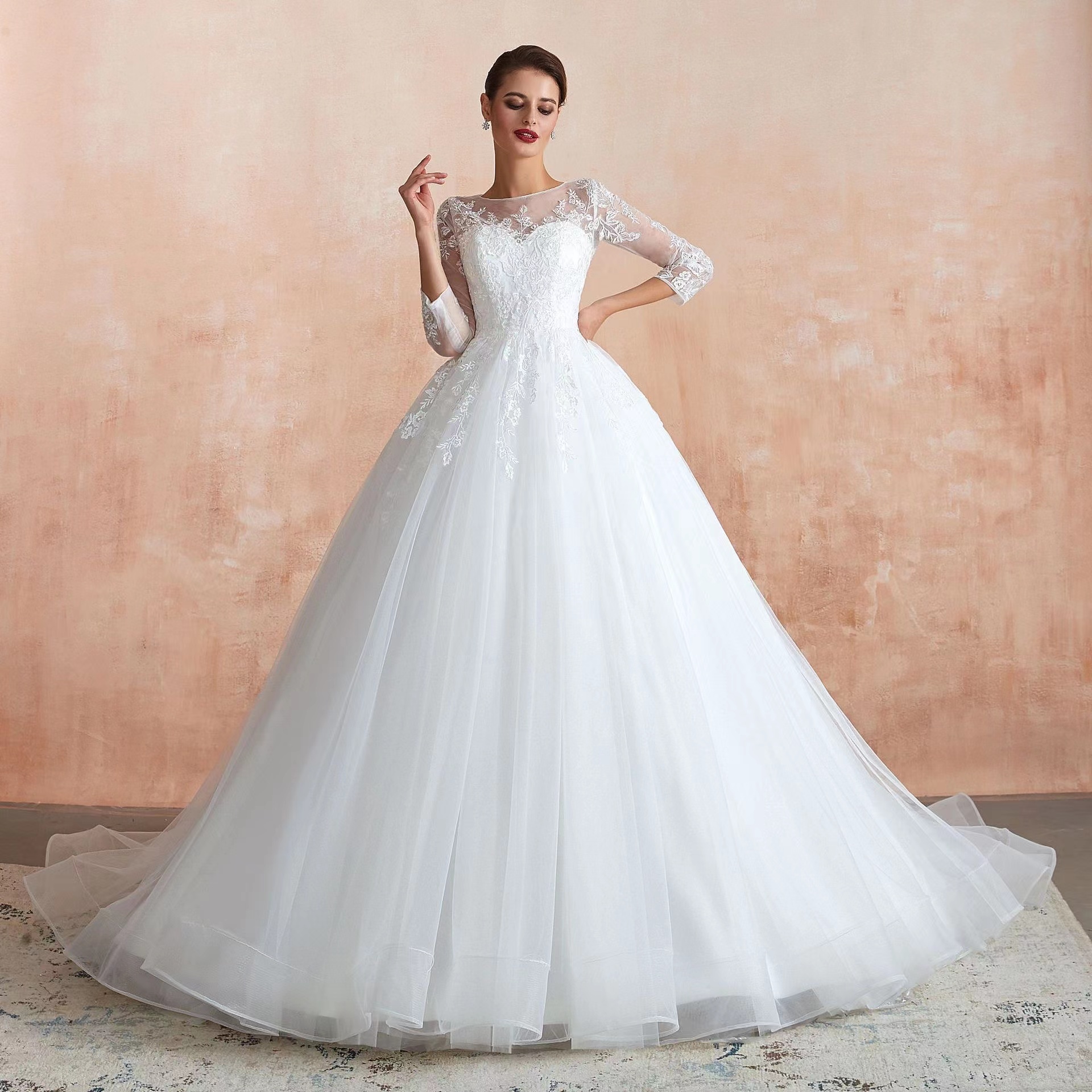 Primavera Sen stile retrò innamorato abito da sposa donna elegante e sottile semplice manica lunga in pizzo EN37365