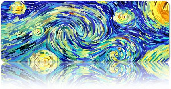 Spring Sense Tapis de souris Starry Night Van Gogh Mat 31,5 x 11,8 pouces Ensembles de bureau Base antidérapante XL Tapis de souris Tapis imperméable Bleu Jaune