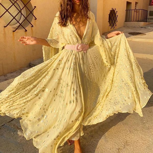 Printemps Sexy col en V profond vacances robe de plage femmes bronzant étoile imprimer longue robe de soirée été à manches courtes en vrac Boho Maxi robe 240229