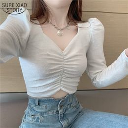 Spring Short Sexy Shirts Blouses Puff Sleeve Geplooide Witte Blouse Dames V-hals Solid Casual Vrouwelijke Shirt Tops Blusas 12961 210508
