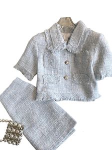 Spring Small Fragrance vintage Tweed Two Piece Set Femmes Couper à manches courte Mini jupes hautes jupe à taille haute 240425