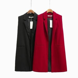 Printemps Solide Long Gilet Pour Femmes Veste Sans Manches Office Lady Plus La Taille Gilet Rouge Femme Cardigan Élégant Noir Manteau Automne 201031