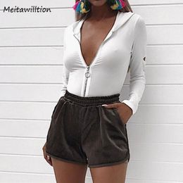 Lente effen vrouwen sexy bodysuit casual elastische vrouwelijke zomer romper herfst dames lange mouw korte hooded jumpsuit