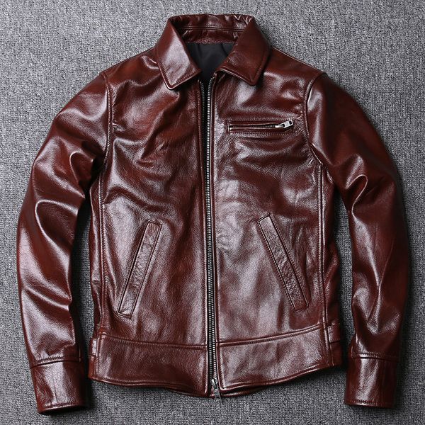 Oferta especial de primavera, ropa auténtica de cera de aceite de cuero de vaca para hombres, chaqueta corta ajustada de motociclista, abrigo rojo vino para hombres