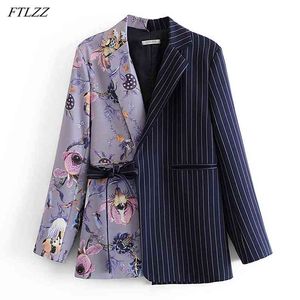 Printemps épissage impression doux Blazer femmes automne rayure haute rue veste taille sangle dames bureau manteau 210430