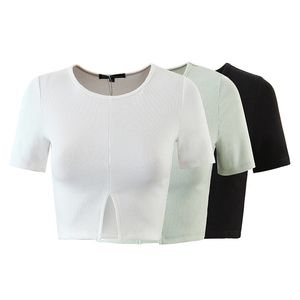 Spring Split Fashion All-Match Vrouwen Gebreide T-shirt Effen O-hals Drie kleuren beschikbaar Korte top Chic 210521