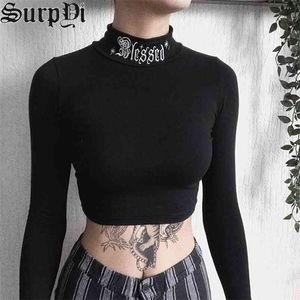 Spring Streetwear Vintage Gothic Clare T-shirt Harajuku Punk Black Letter Borduurwerk Sexy Bodycon Lange Mouwen Top 210722