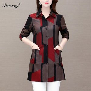 Primavera orzuelo camisas gruesas para mujer rojo de talla grande 5XL o cuello geometría elegante blusas blusa de mujer moda nueva madre tops 210401