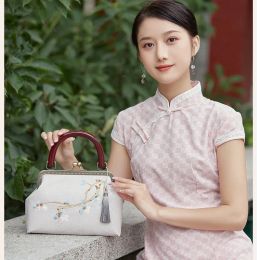 Lente stijl antieke handtas, retro handgemaakte damestas, Republiek China stijl zijden knop letter party, Hasp soft shell canvas tote MM