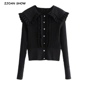 Spring Stylish Revers Splice Ruches Breien Single Breasted Cardigan Trui Vrouw Lange Mouwen Jumper Knitwear Zwart 210429