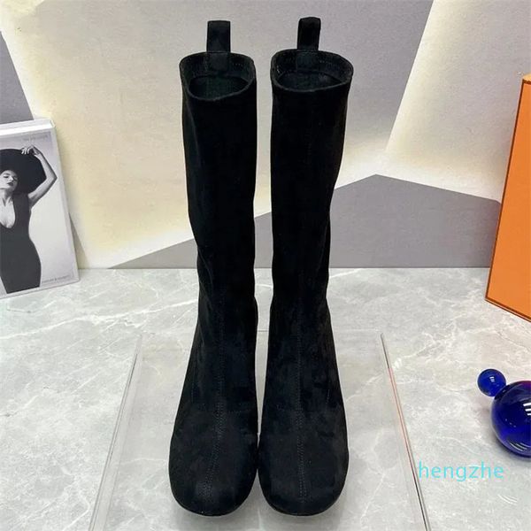 Botas hasta la rodilla de gamuza de primavera para mujer, botas Chelsea con punta redonda y tacón fino, botas largas sexis y delgadas para la Semana de la moda