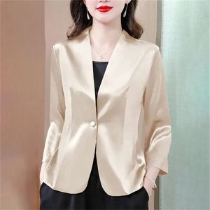 Printemps costume veste femmes col en v chemise automne tempérament dames Satin surface soie haut court femmes Blazer élégant 240226