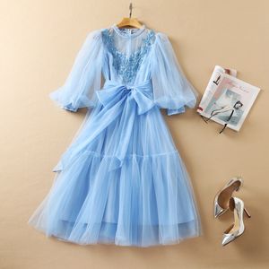 Lente zomer 3/4 mouw ronde nek jurk hemel blauw vaste kleur tule borduurwerk kralen riem middenkalf elegante casual jurken 21o301027