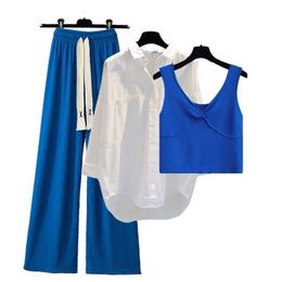 Lente zomer 3-koppig pak wit shirt blauw vest brede poot broek driedelige set elegante dames tracksuit casual outfits 240420