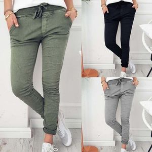 Printemps été automne décontracté mince solide mince pantalon pour femmes taille haute noir armée vert pantalon pantalon 210319