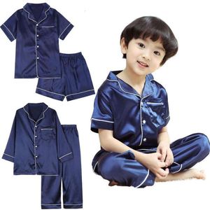 Lente zomer herfst satijnen zijden sets tienermeisjes jongens pamas lange/korte mouw top broek pama kinderen slaapkleding kind pjs l2405