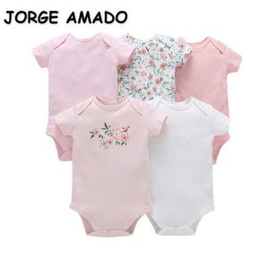 Printemps Été bébé Coton 5 pièces Vêtements garçons et filles bande dessinée bande florale à manches courtes ROMPER E6353 210610